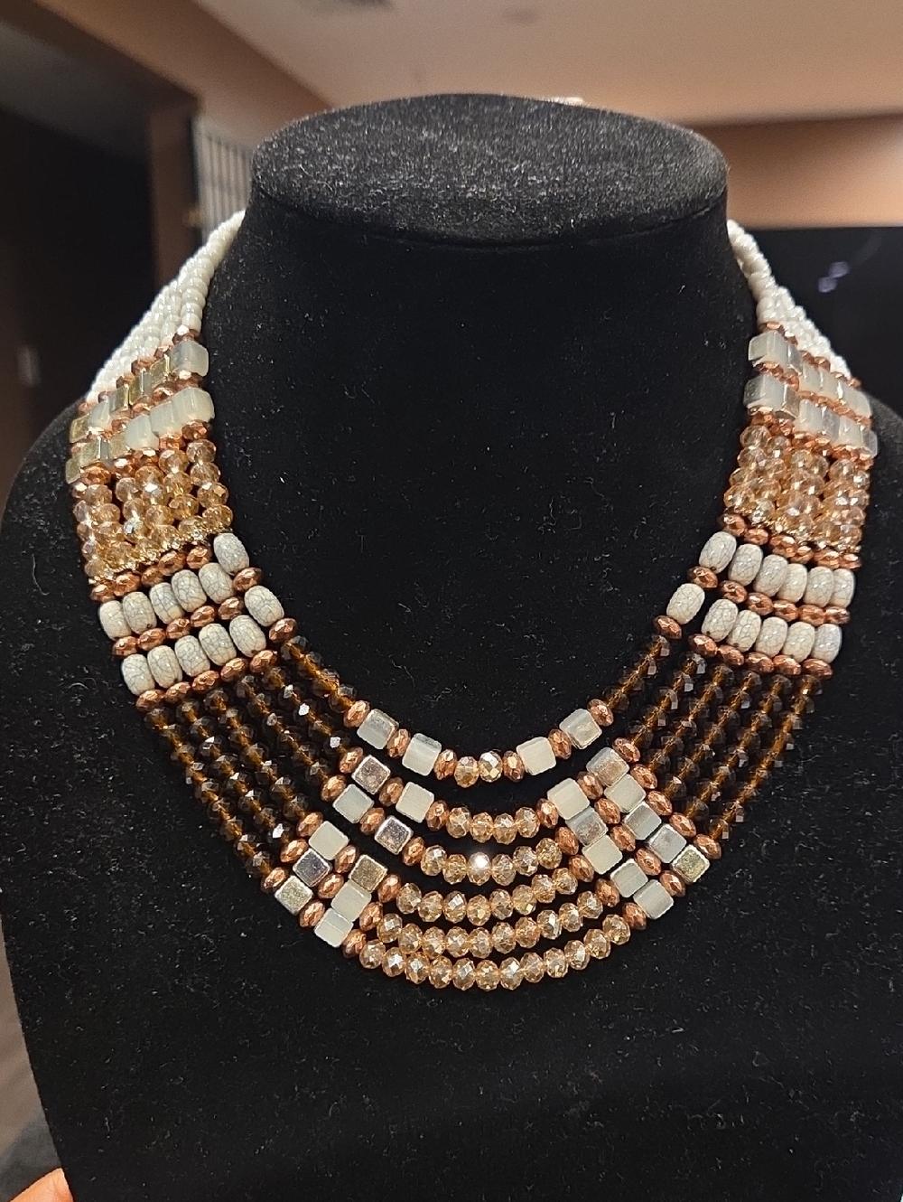 Handcrafted Multi-Strand Beaded Necklace in Rose Gold and White